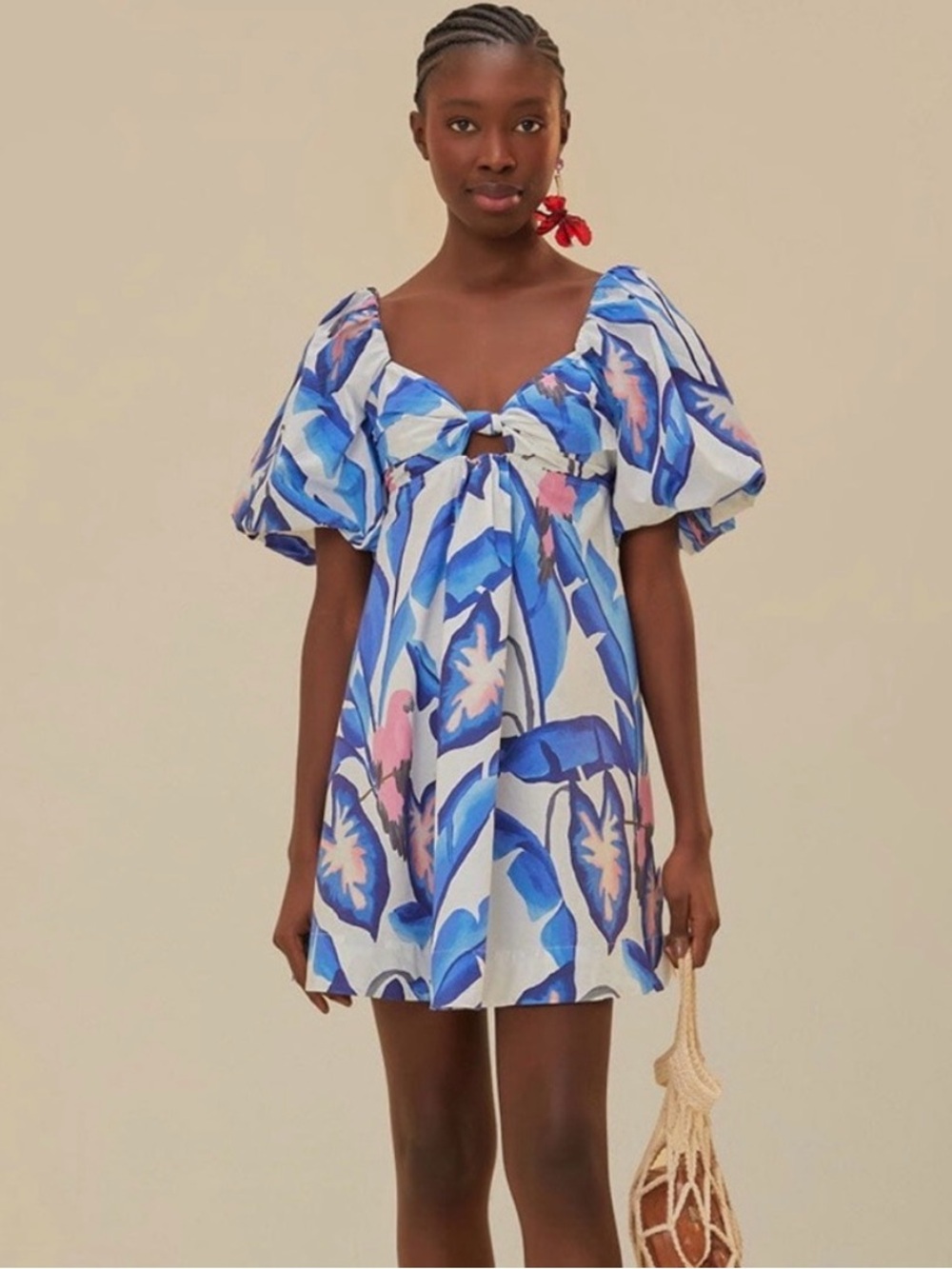 FARM Rio Blue Foliage Puffed Sleeve Mini Dress
